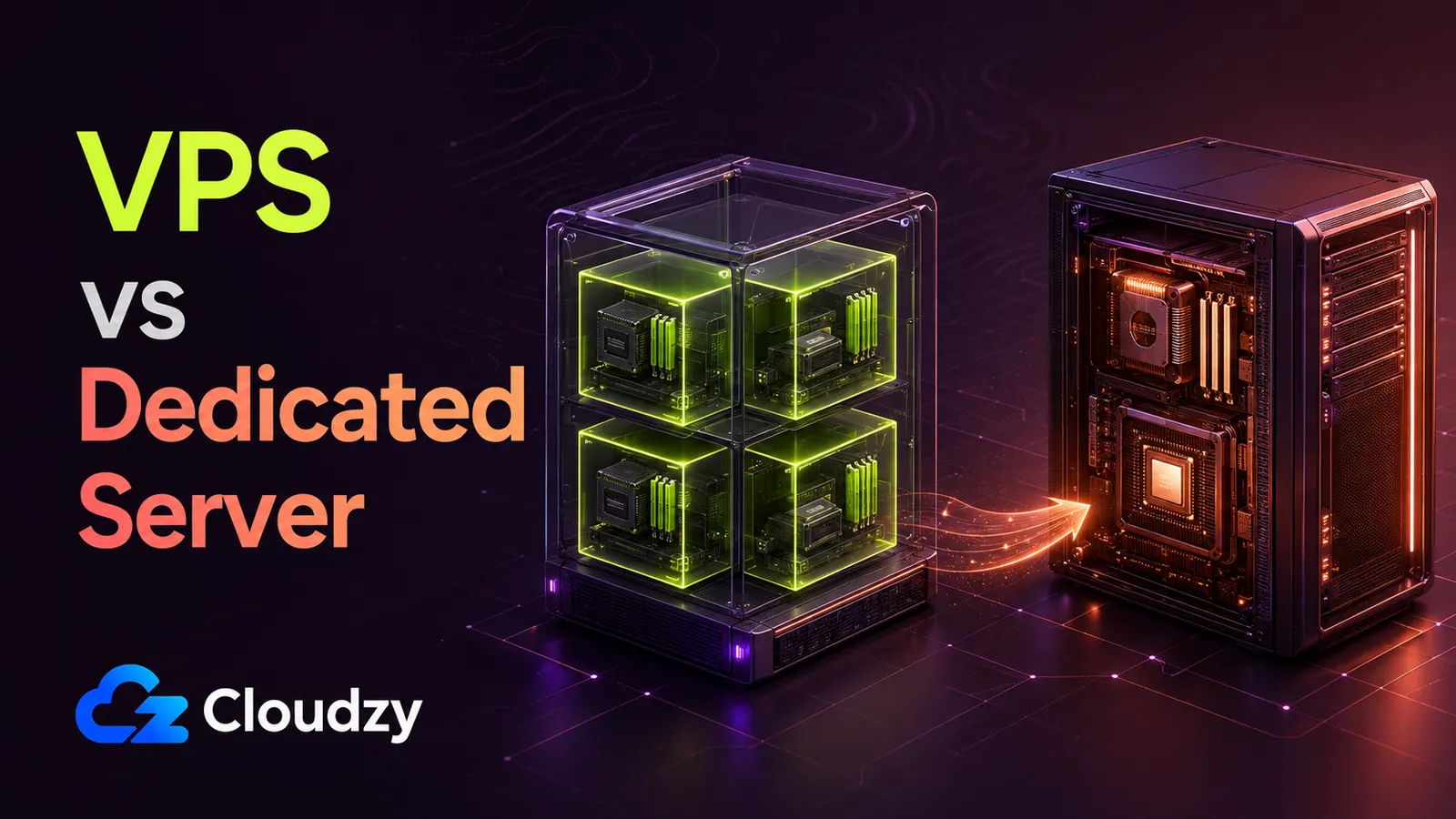A physical server chassis beside the same chassis divided into glowing virtual partitions, illustrating VPS versus dedicated server resource isolation