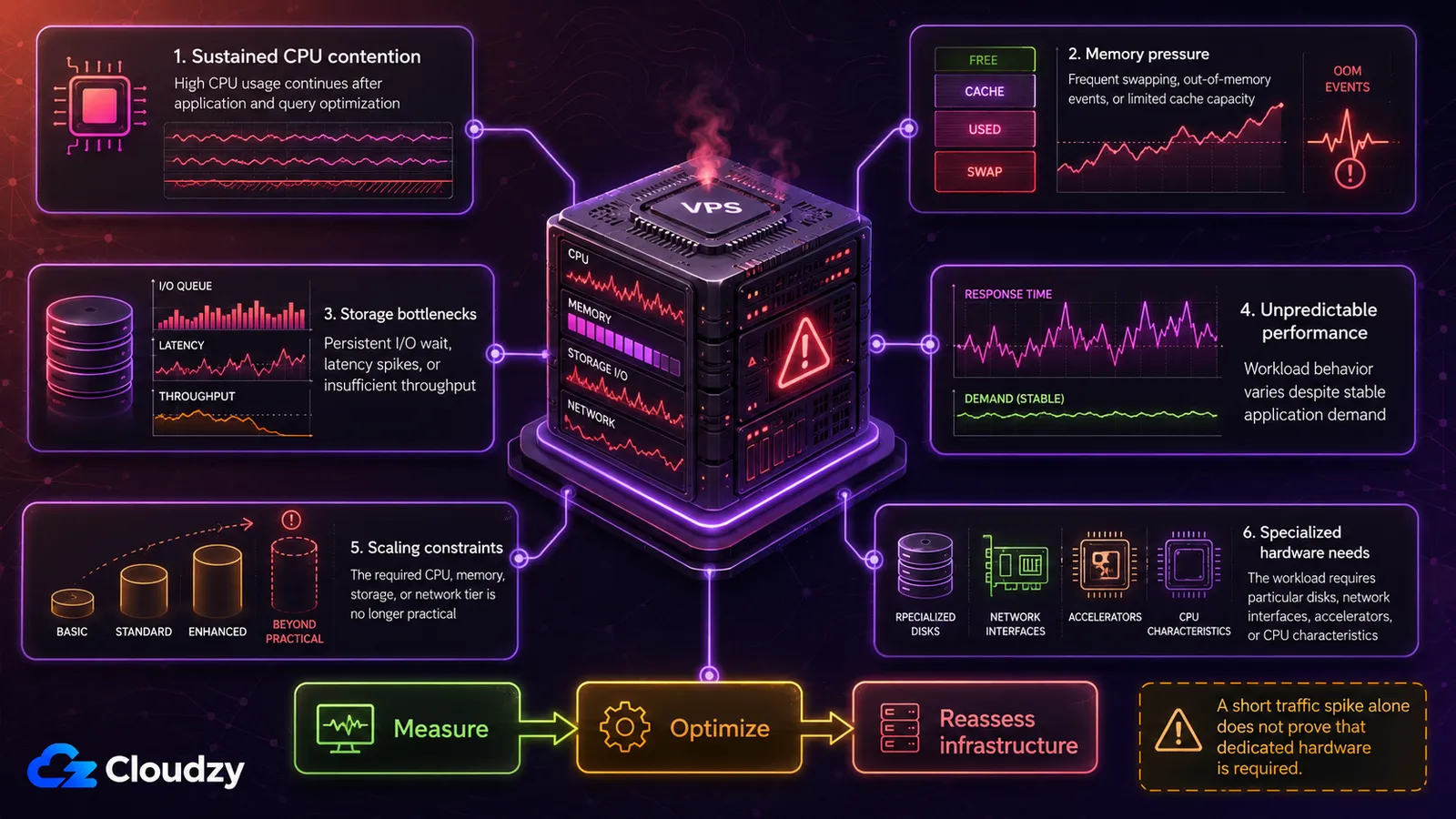 Six pressure signals around a straining VPS: sustained CPU contention, memory pressure with swapping and out-of-memory events, storage bottlenecks in IO queue, latency and throughput, unpredictable performance against stable demand, scaling constraints past the largest tier, and specialized hardware needs, above a measure, optimize, reassess loop and a warning that a short traffic spike alone does not prove dedicated hardware is required