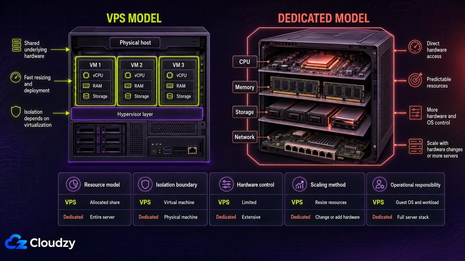 The VPS model showing three virtual machines with their own vCPU, RAM and storage above a hypervisor layer on a shared physical host, next to the dedicated model showing exclusive CPU, memory, storage and network hardware, compared across resource model, isolation boundary, hardware control, scaling method and operational responsibility