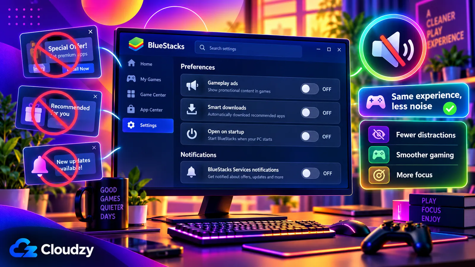 BlueStacksの広告、自動ダウンロード、起動、通知設定を示すイラスト