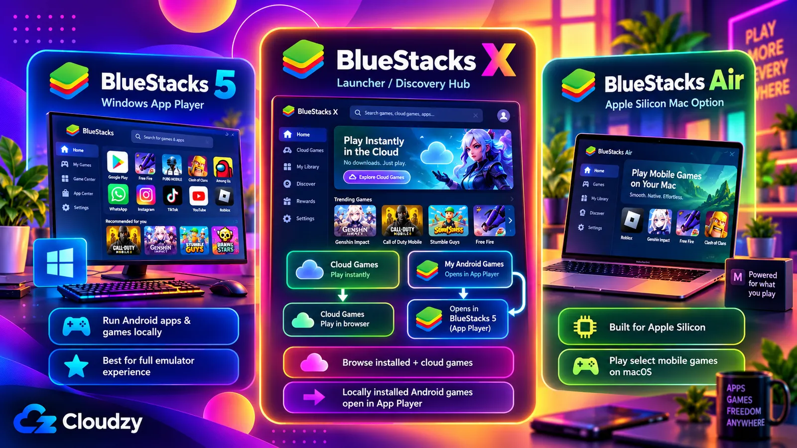 Windows向けBlueStacks 5、BlueStacks X、Apple Silicon Mac向けBlueStacks Airの比較イラスト