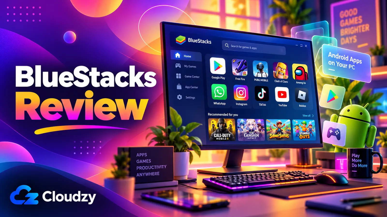 デスクトップPCでAndroidアプリやゲームを動かすBlueStacksのイラスト
