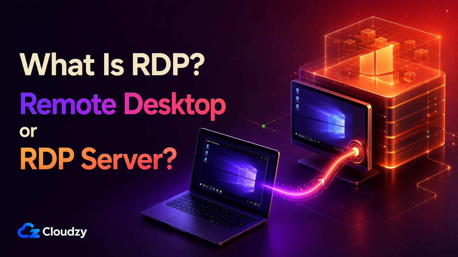 What Is RDP? title card contrasting Remote Desktop Protocol with an RDP server: a laptop running a remote Windows desktop session linked to a hosted Windows server stack