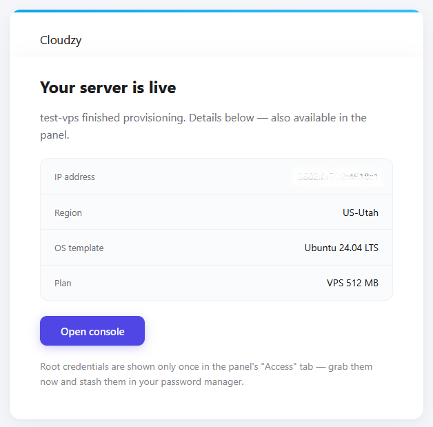 Cloudzy server confirmation email showing the server IP address and other server details