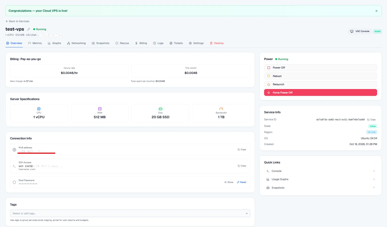 Cloudzy VPS dashboard showing the Connection Info section with the server IP address and root password