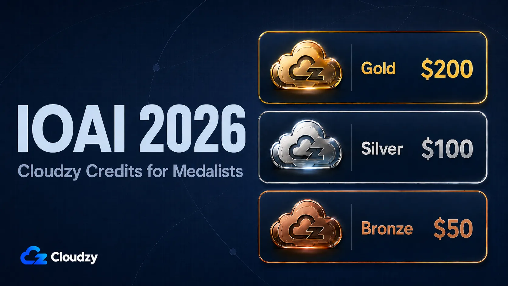 IOAI 2026: Cloudzy Credits for Medalists. Gold $200, Silver $100, Bronze $50, each shown on a metallic Cloudzy cloud badge