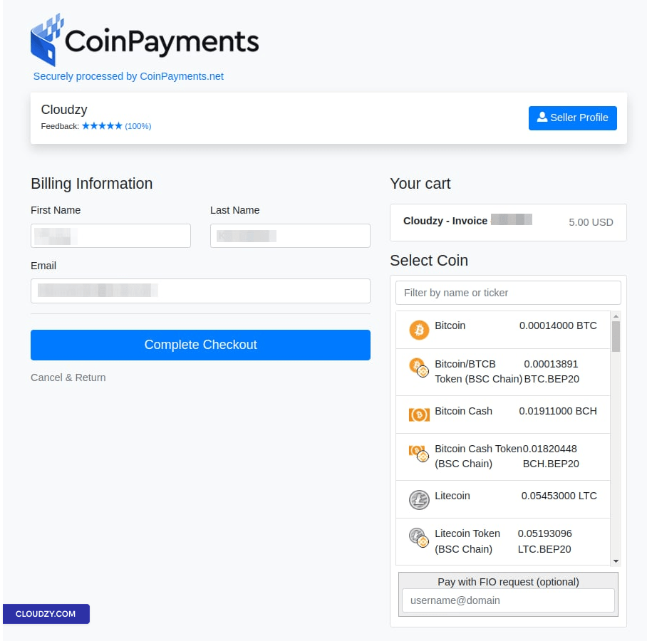 filling out CoinPayment info