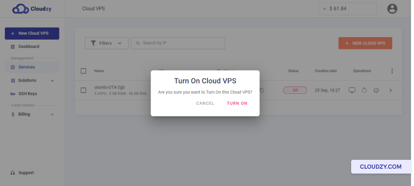 Turn on Cloud VPS