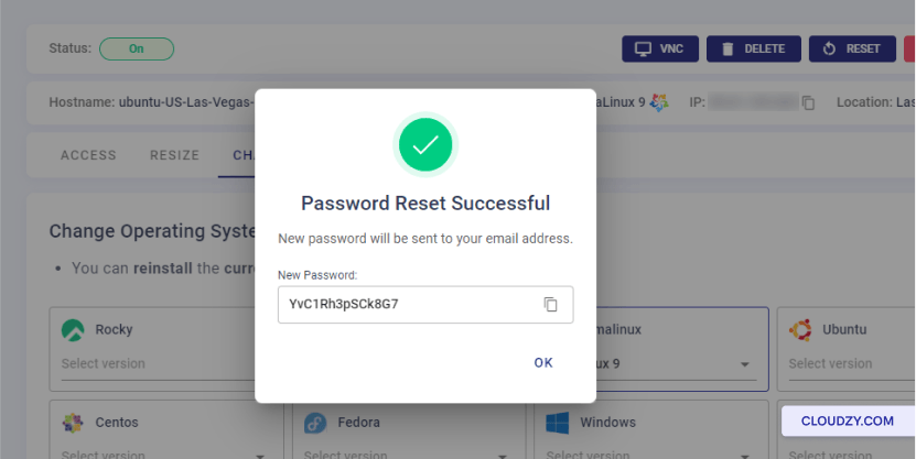 Password reset pop-up