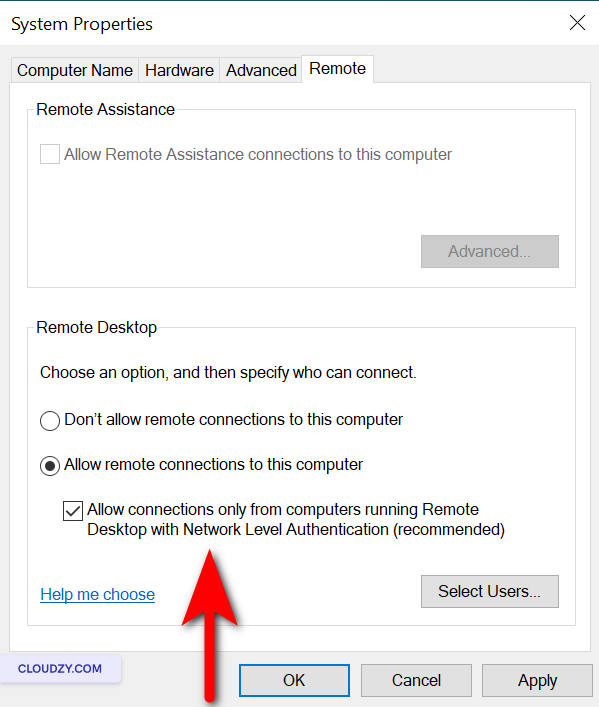 Allow remote connections to this computer