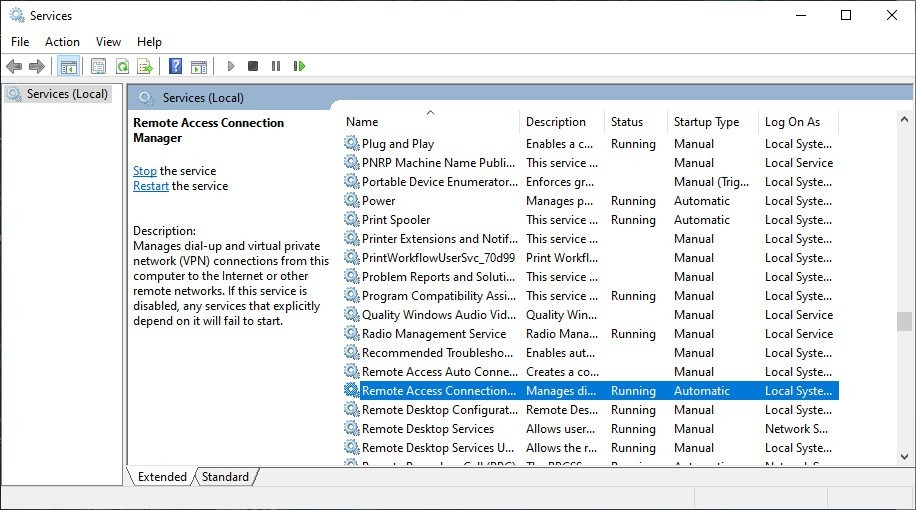 Locate the Remote Access Connection Manager Service