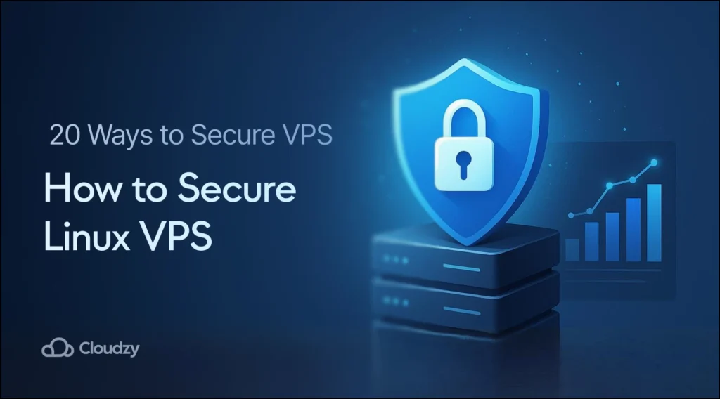 Secure Linux VPS server with shield and chart.