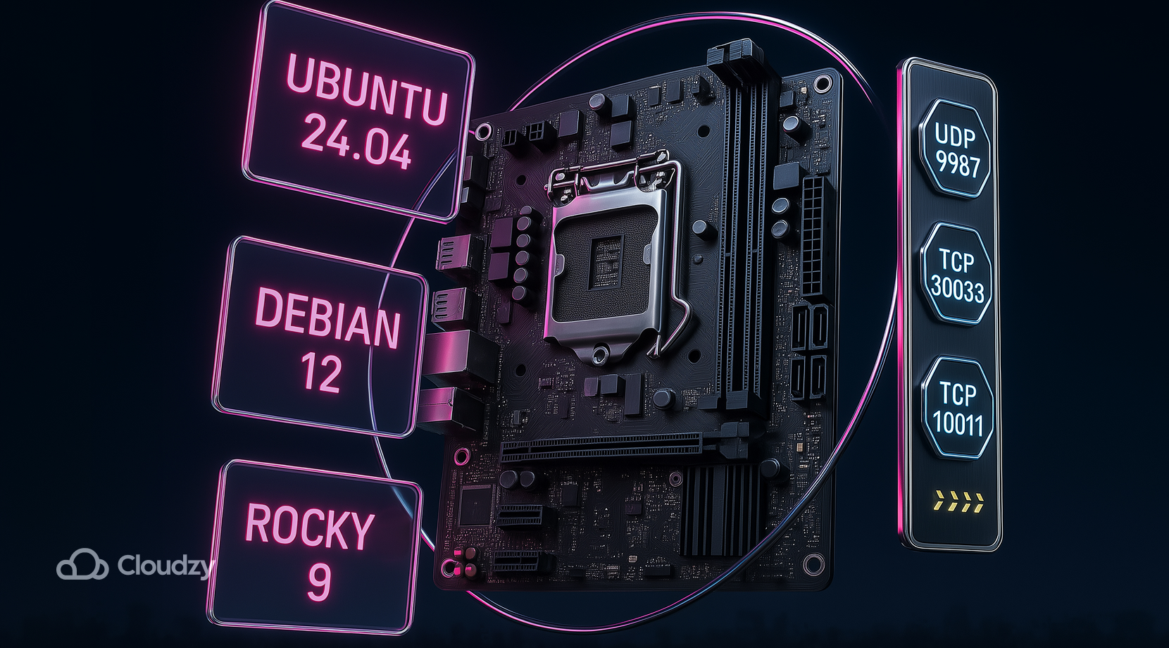 Ultrareal micro-ATX motherboard floats center; three slim glass tiles orbit like satellites engraved UBUNTU 24.04, DEBIAN 12, ROCKY 9. A side rail of hex-tabs clicks in: UDP 9987, TCP 30033, TCP 10011.