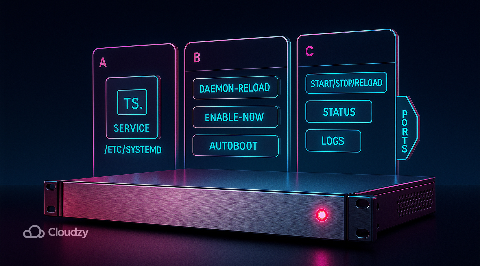 Ultrareal 1U server front (fine brushed metal, lit power LED) floats before three thin glass panes forming a pipeline.