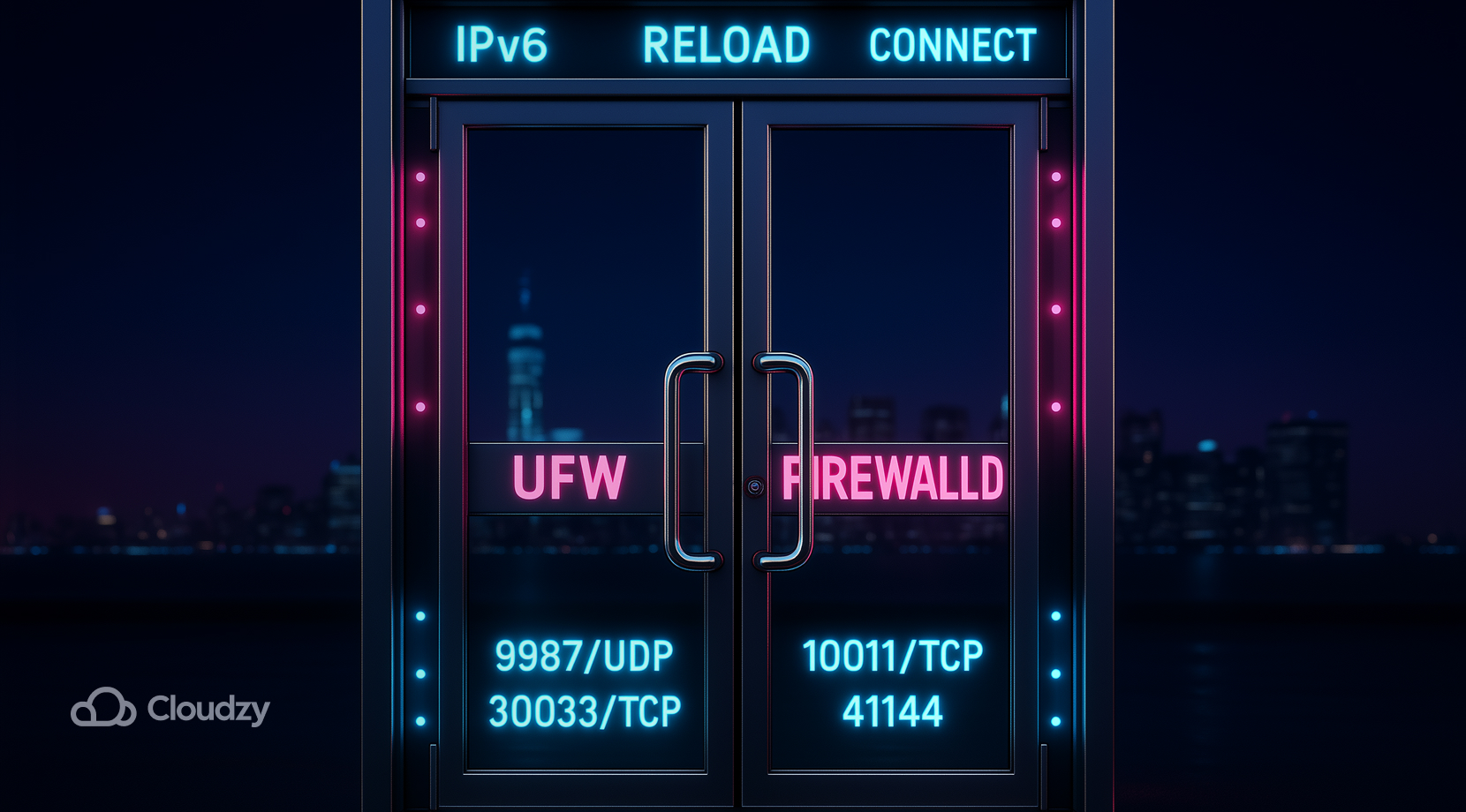 Ultrareal glass door firewall; twin handles UFW and FIREWALLD. Doorframe studs light up with: 9987/UDP, 30033/TCP, 10011/TCP, 41144, 2010 OUT; lintel ticks: IPv6, RELOAD, CONNECT.