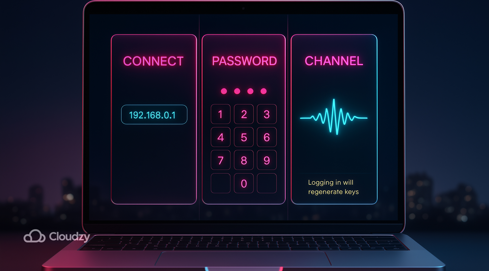 Ultrareal laptop screen split into three slim glass panes: CONNECT above an IP input line; PASSWORD handled by a small glass keypad (PIN dots animate as you tap); a lit CHANNEL tile shows a subtle voice waveform.