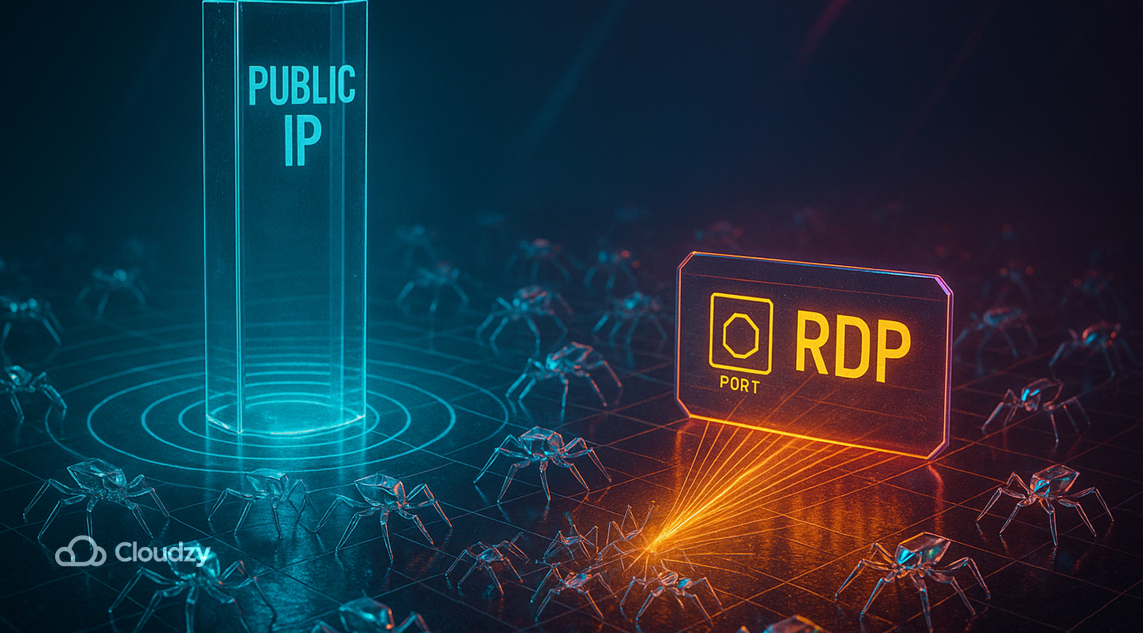 A tall glass “PUBLIC IP” beacon emits rippling scan rings that light up the floor grid. Dozens of low-profile crawler glyphs—tiny faceted glass mantis-bots with minimal limb hints—wake and sprint toward a glowing port badge engraved RDP. As they converge, their paths cross into a bright spray pattern, readable as brute-force noise. 