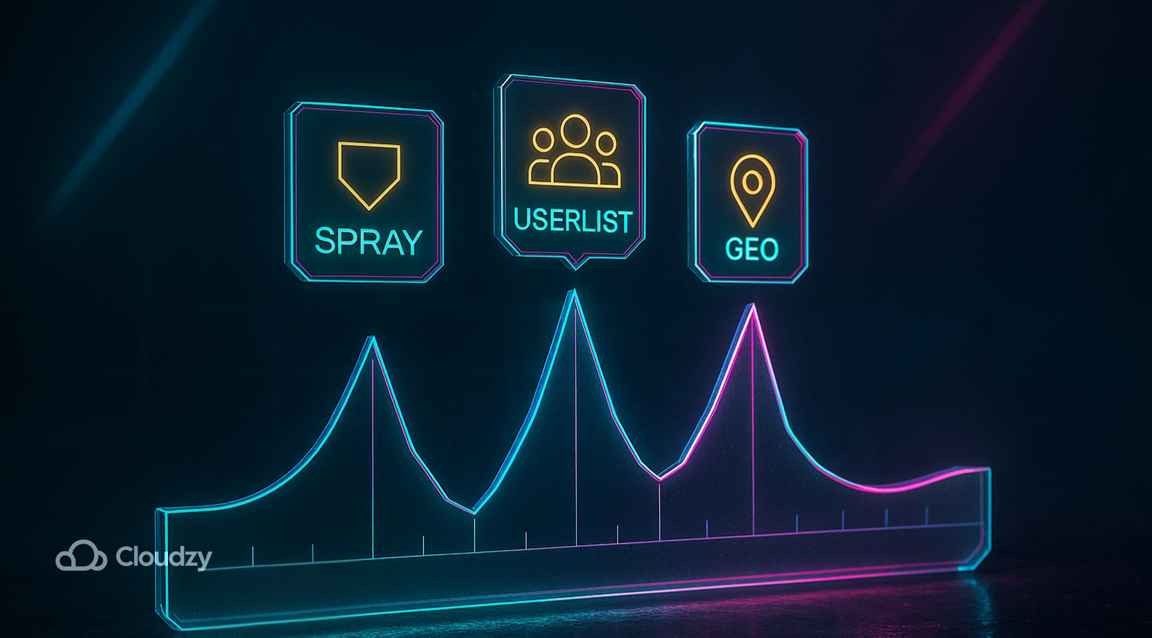 A single glass timeline bar with engraved ticks surges as spikes; three minimal badges float above peaks reading SPRAY, USERLIST, GEO. Cyan-magenta edges glide along the curve; one depth layer only.