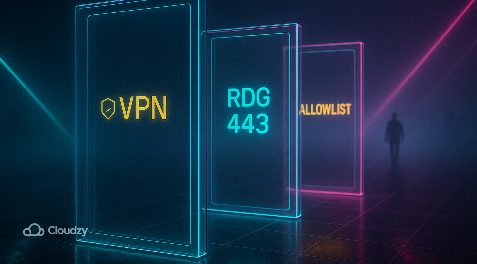 Three staggered glass doors in series, each with a single engraved tag in order VPN, RDG 443, ALLOWLIST. A distant user silhouette approaches down the grid, light shafts cutting the mist.
