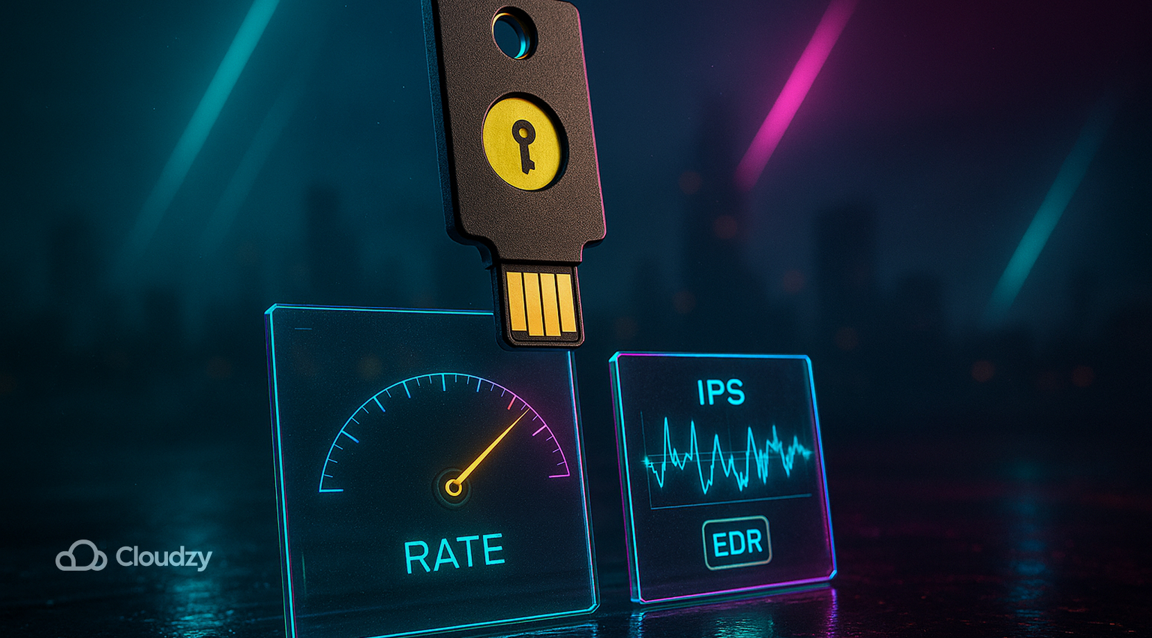 Ultrareal hardware security key floats above a wafer-thin rate meter pane with a needle sweeping to RATE; adjacent waveform pane shows IPS signatures. A small third badge reads EDR. BR2049 primary with a subtle CP2077 lime glint.