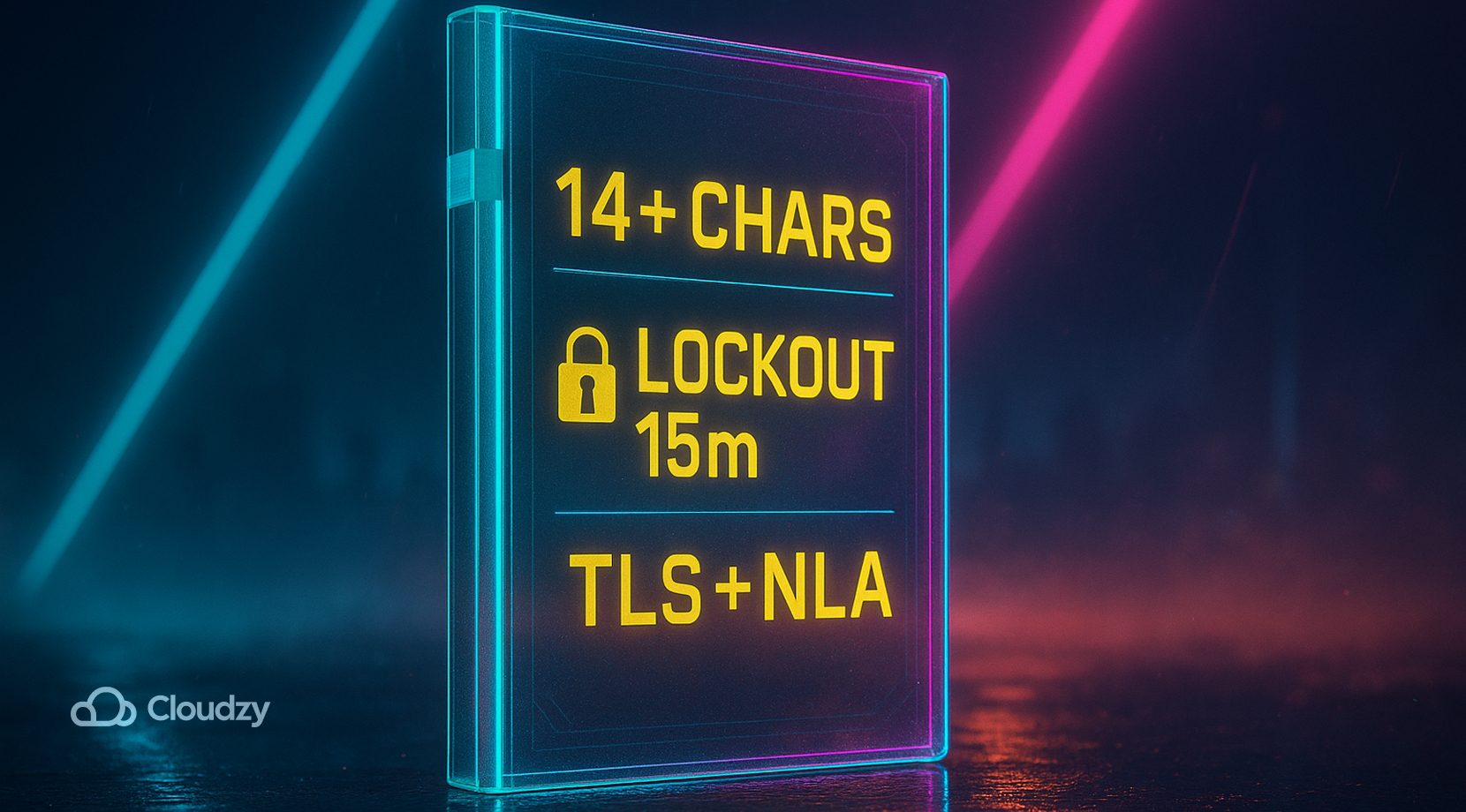 Abstract policy slab: a standing glass law-book pane with three clean lines 14+ CHARS, LOCKOUT 15m, TLS+NLA. A thin cyan ribbon seals the edge like a compliance band.