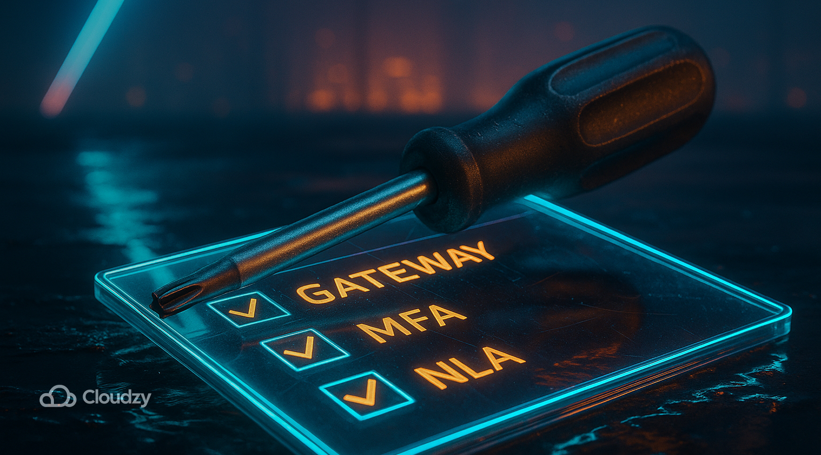 Ultrareal Torx screwdriver rests on a glass checklist pane with three bright checkboxes labeled GATEWAY, MFA, NLA. Fine dust and hairline scratches on the tool; reflections ripple in puddles.