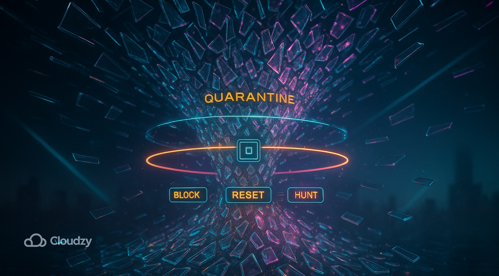 A storm of faceted glass bot-shards spirals down a wide funnel toward a central access node. A razor-thin quarantine ring detonates outward from the node like a shock halo, instantly freezing shards it touches into static prisms while unfrozen ones blur past. Three tiny orbiting command tokens—BLOCK, RESET, HUNT—sweep around the ring in motion.