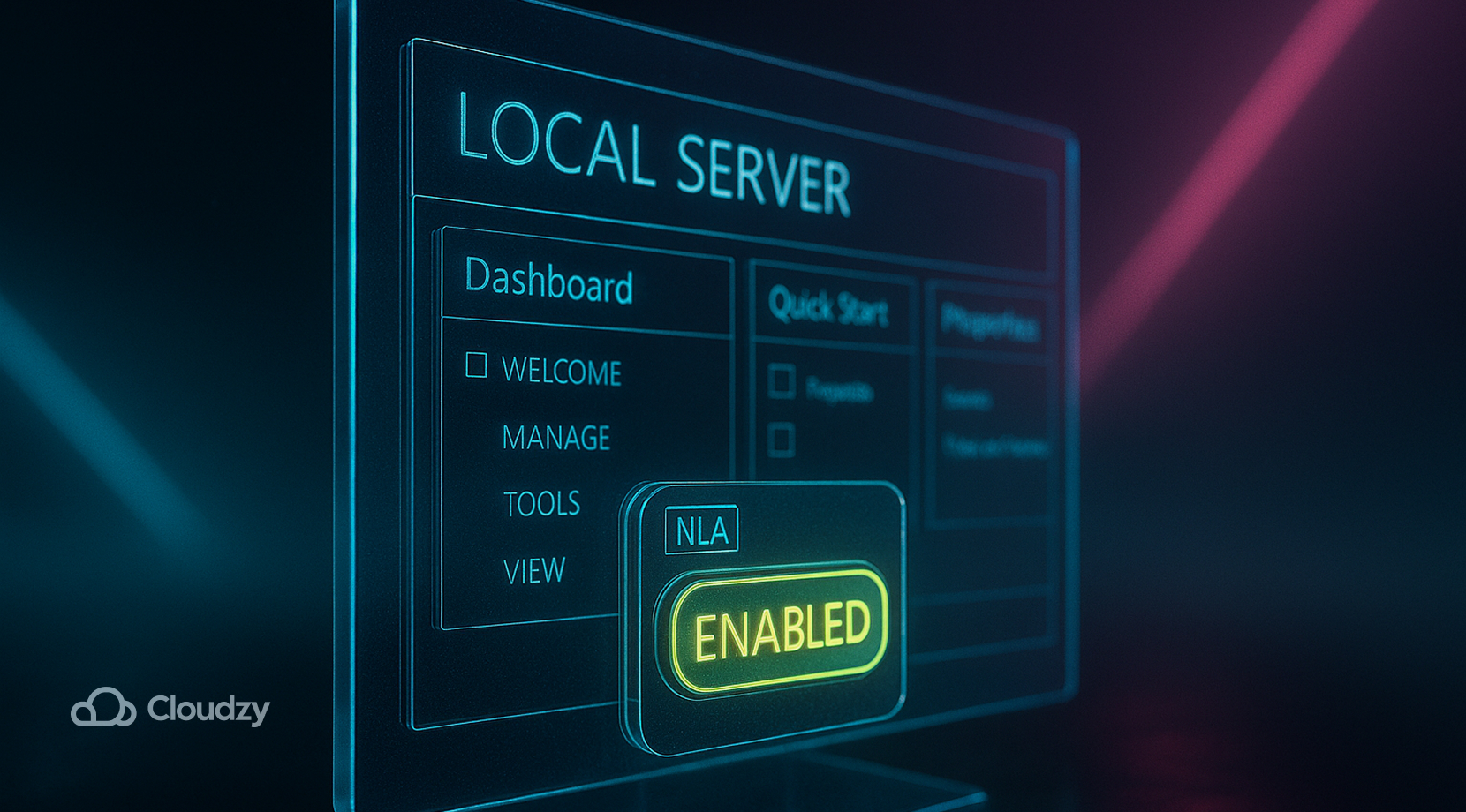 ALT: A glass desktop monitor pane shows a tiled “LOCAL SERVER” dashboard; a bright switch reads ENABLED; a small tag reads NLA. Foreground: monitor + switch; depth cue: diagonal neon shafts. Mood: confident, click-to-enable.