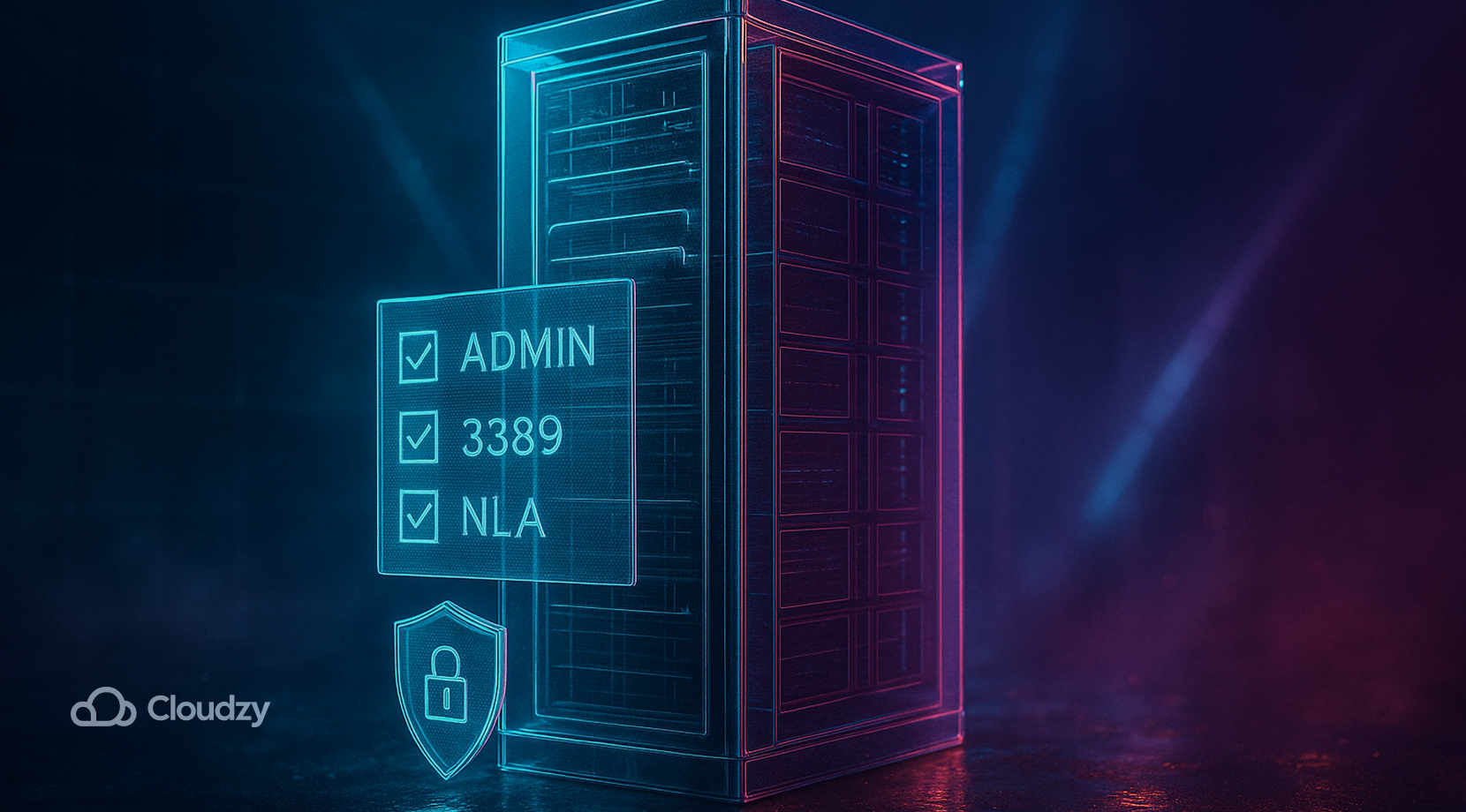 ALT: A slim glass server tower floats beside three wafer-thin checklist panes (ADMIN, 3389, NLA). A small lock-shield hovers front-left. Foreground layer: server + panes; background depth cue: faint perspective grid. Mood: calm, methodical.