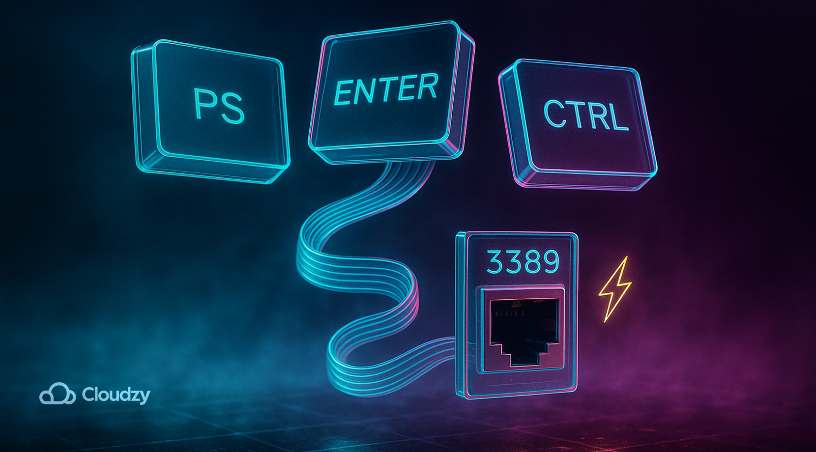 ALT: Three wafer-thin glass keycaps (PS, ENTER, CTRL) float above a coiled, translucent ribbon-cable that streams toward a slim Ethernet-port plate marked 3389; a tiny lightning-bolt shard hovers by the port, mood fast and hands-on. Depth cue: floating perspective grid.