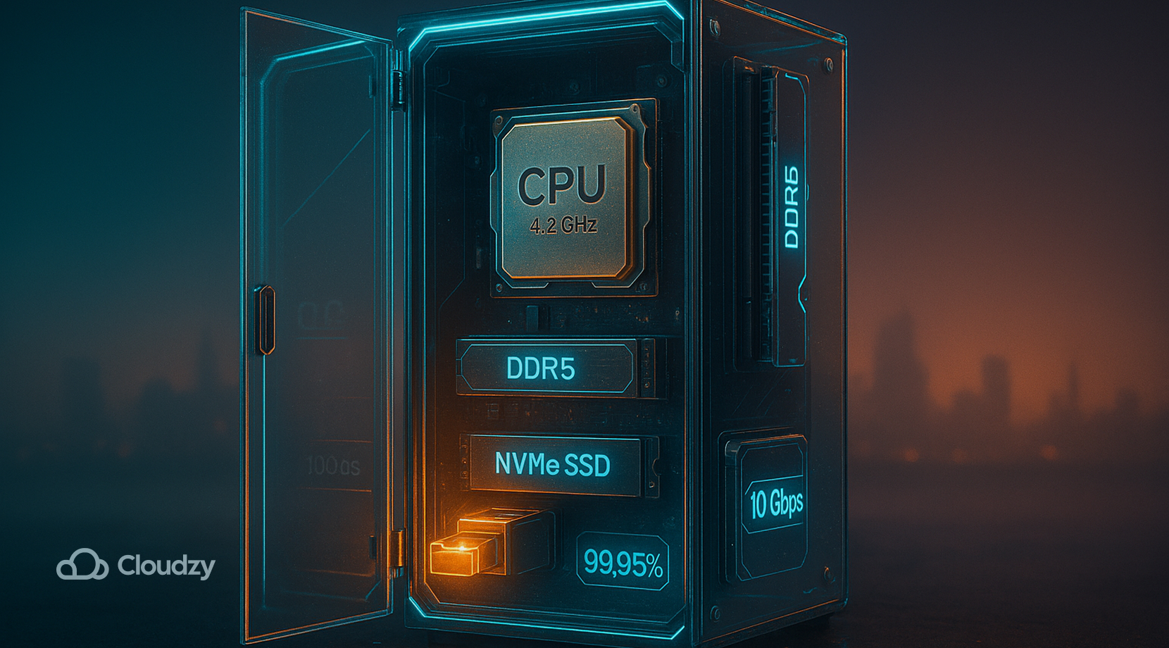 A transparent server tower sits open like a hood; inside, an ultrareal 4.2 GHz CPU heatspreader, DDR5 RAM stick, and NVMe SSD glint with micro-wear; a slim RJ-45 plate engraved 10 Gbps snaps in with a light flare; minimal tags: 99.95% and DDoS; one foreground layer; depth cue: low-contrast skyline; mood: tuned performance.