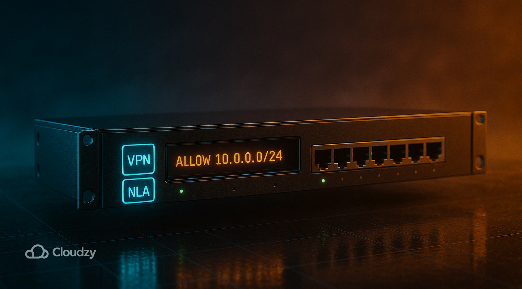 A lone ultrareal 1U rack firewall front panel floats, its mini LCD line reads ALLOW 10.0.0.0/24 while two bezel badges show VPN and NLA; a single link LED glows, others stay dark; one foreground layer; single depth cue: faint perspective grid; mood: policy-driven restraint.