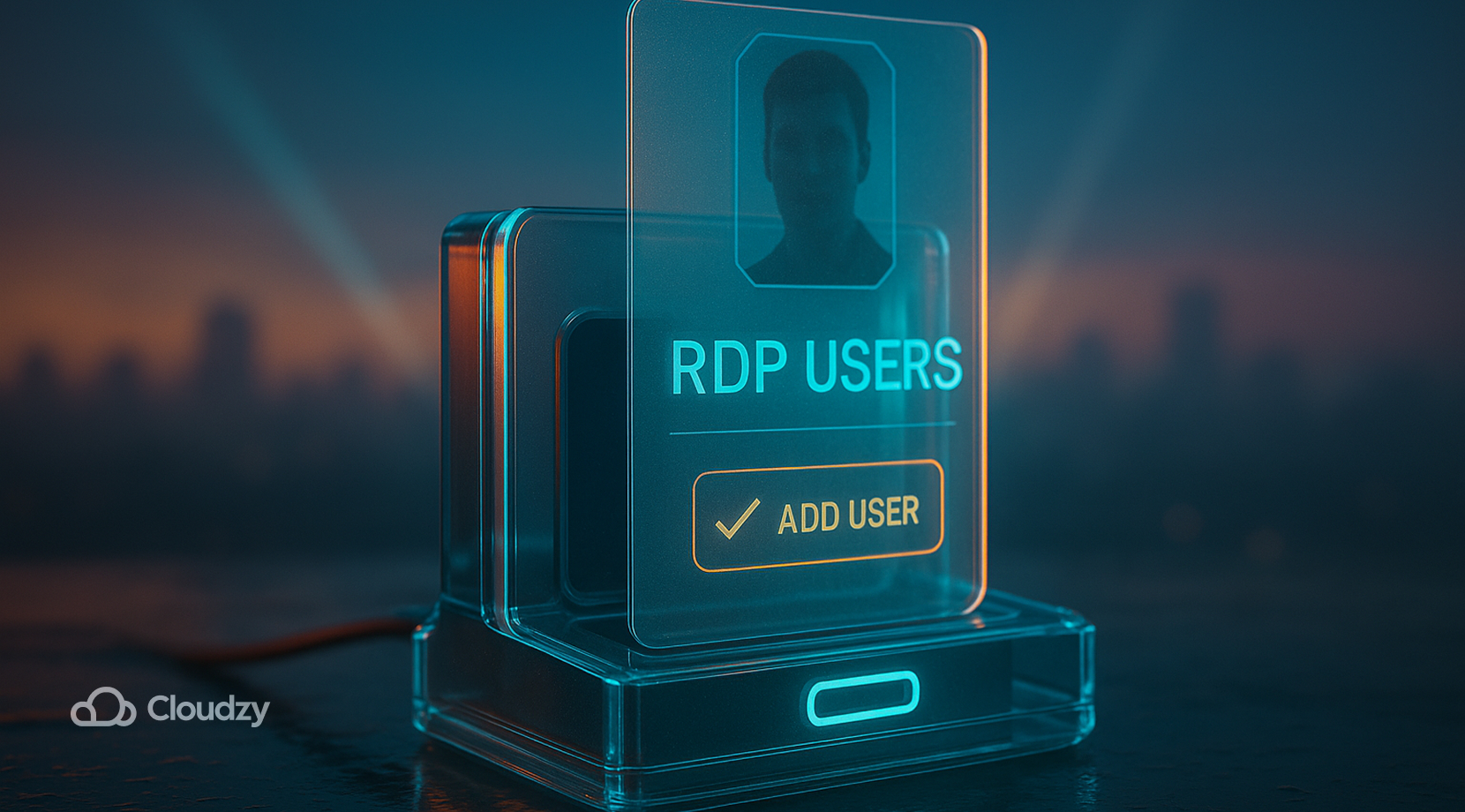 An ultrareal desktop smart-card reader with a laminated ID badge sliding in; the badge edge engraves RDP USERS and a small confirm tick ADD USER. One foreground layer; single depth cue: low-contrast skyline; mood: fix permissions cleanly.