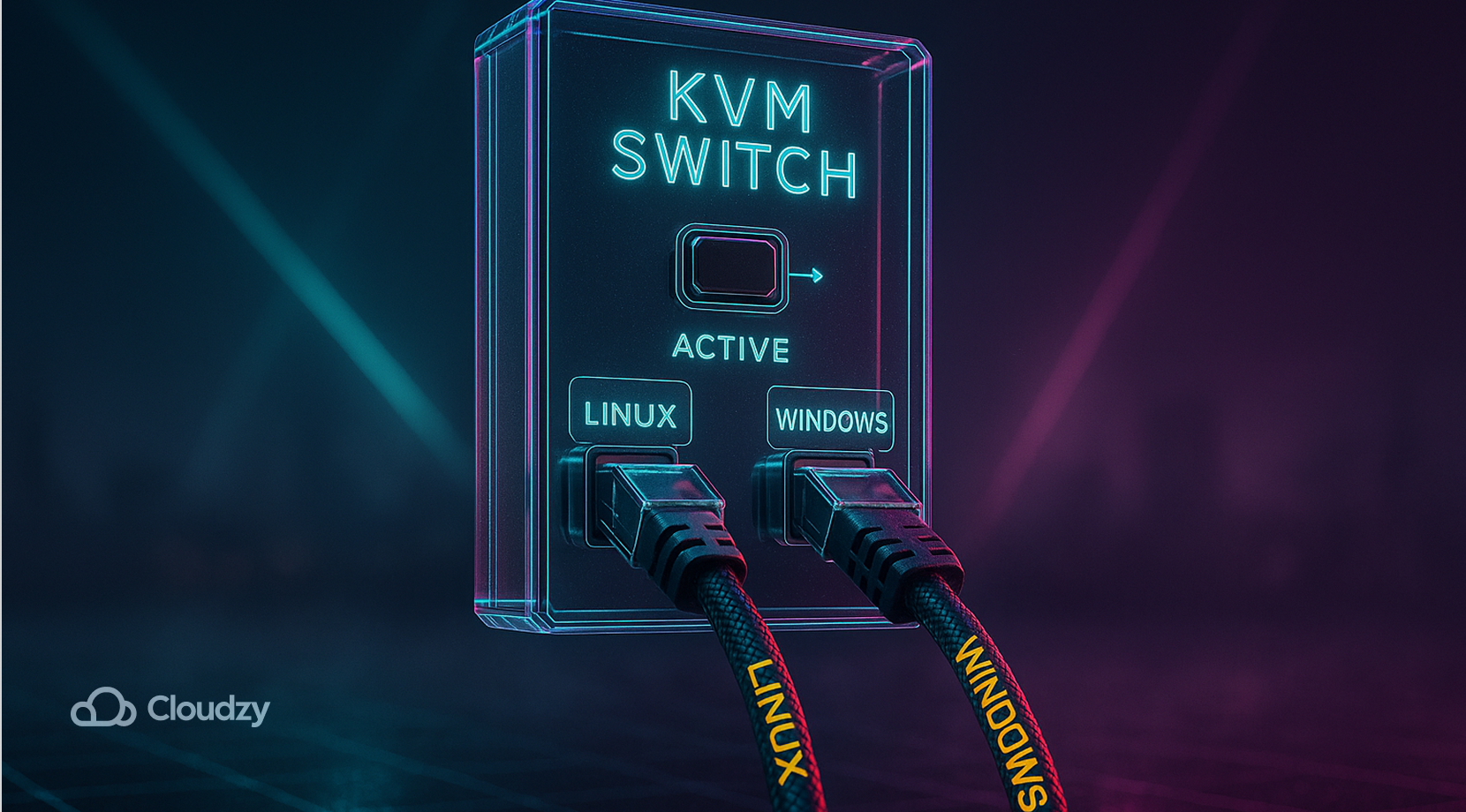 ALT: An ultrareal KVM switch hovers front-and-center with two braided cables labeled LINUX and WINDOWS snapping into place; a single ACTIVE LED flips left to right as if mid-toggle. Quiet click energy over the grid.