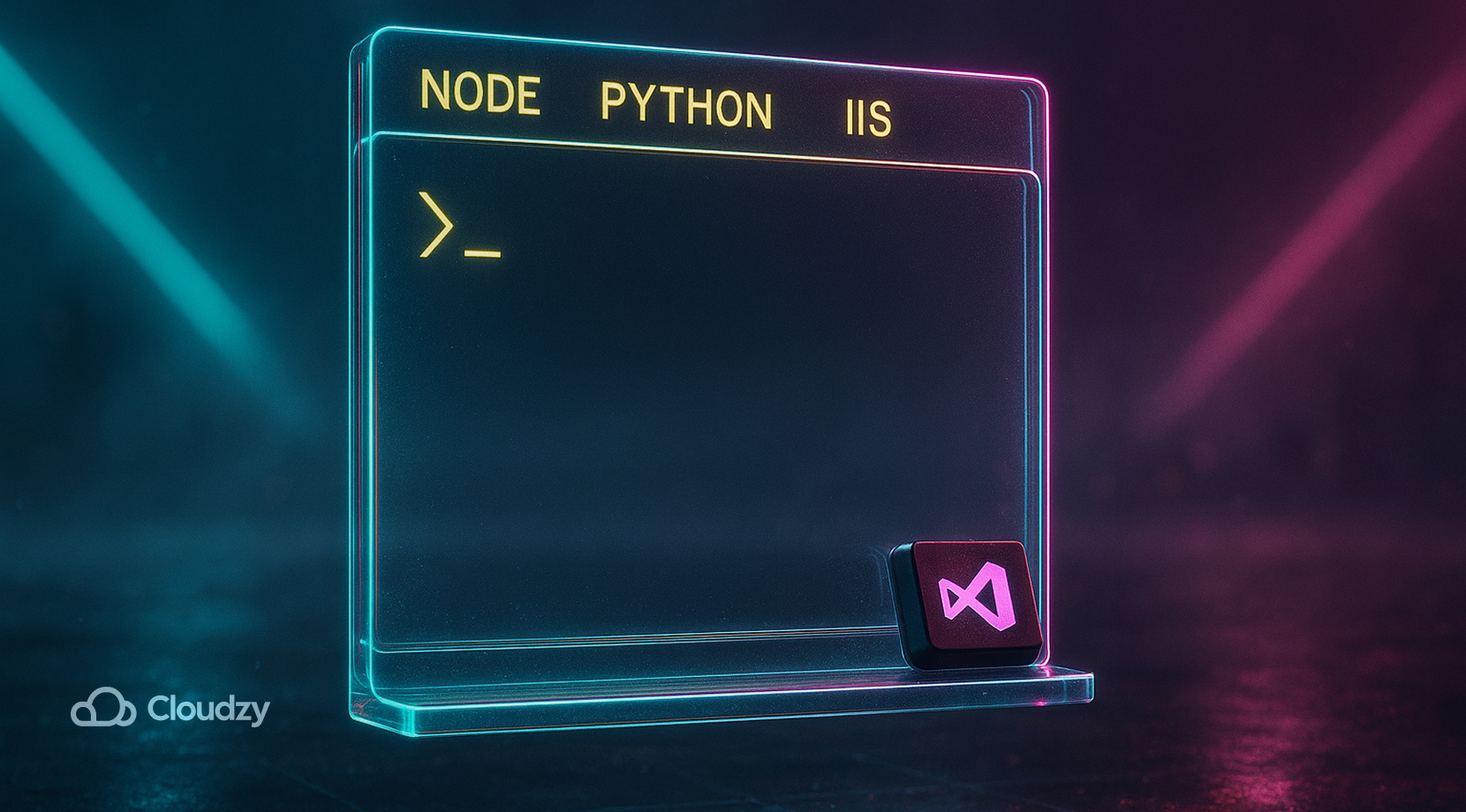 A single floating glass terminal pane shows a minimal caret and engraved tags NODE, PYTHON, IIS along the rim; a tiny ultrareal Visual Studio keycap rests on the ledge. Quiet, tool-first mood. Grid depth cue.