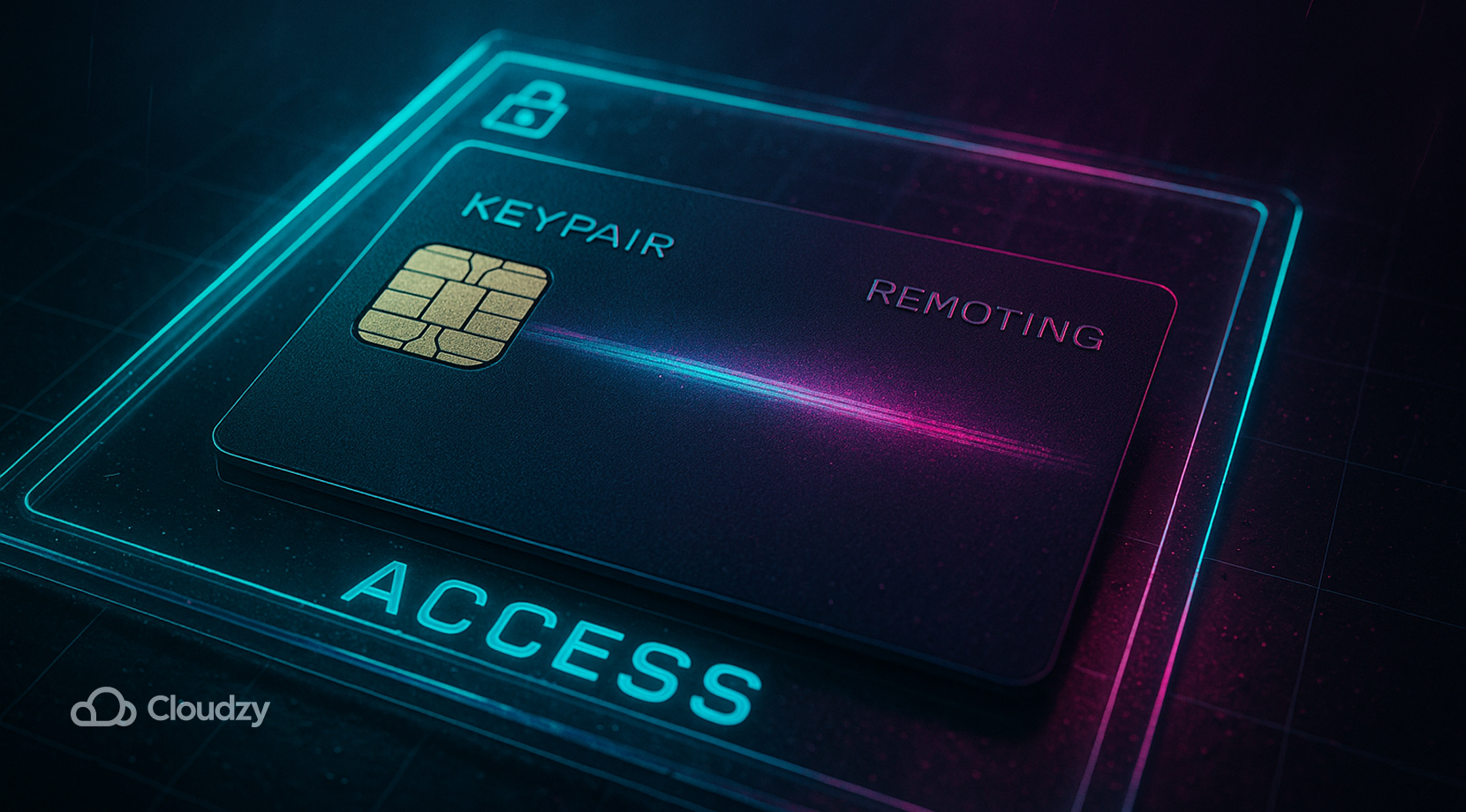 A single ultrareal smartcard with gold contact pad rests on a glass access pane; embossed edge badges read KEYPAIR and REMOTING. A cyan/fuchsia scanline sweeps, as if authenticating. One grid depth cue, light rain shimmer.