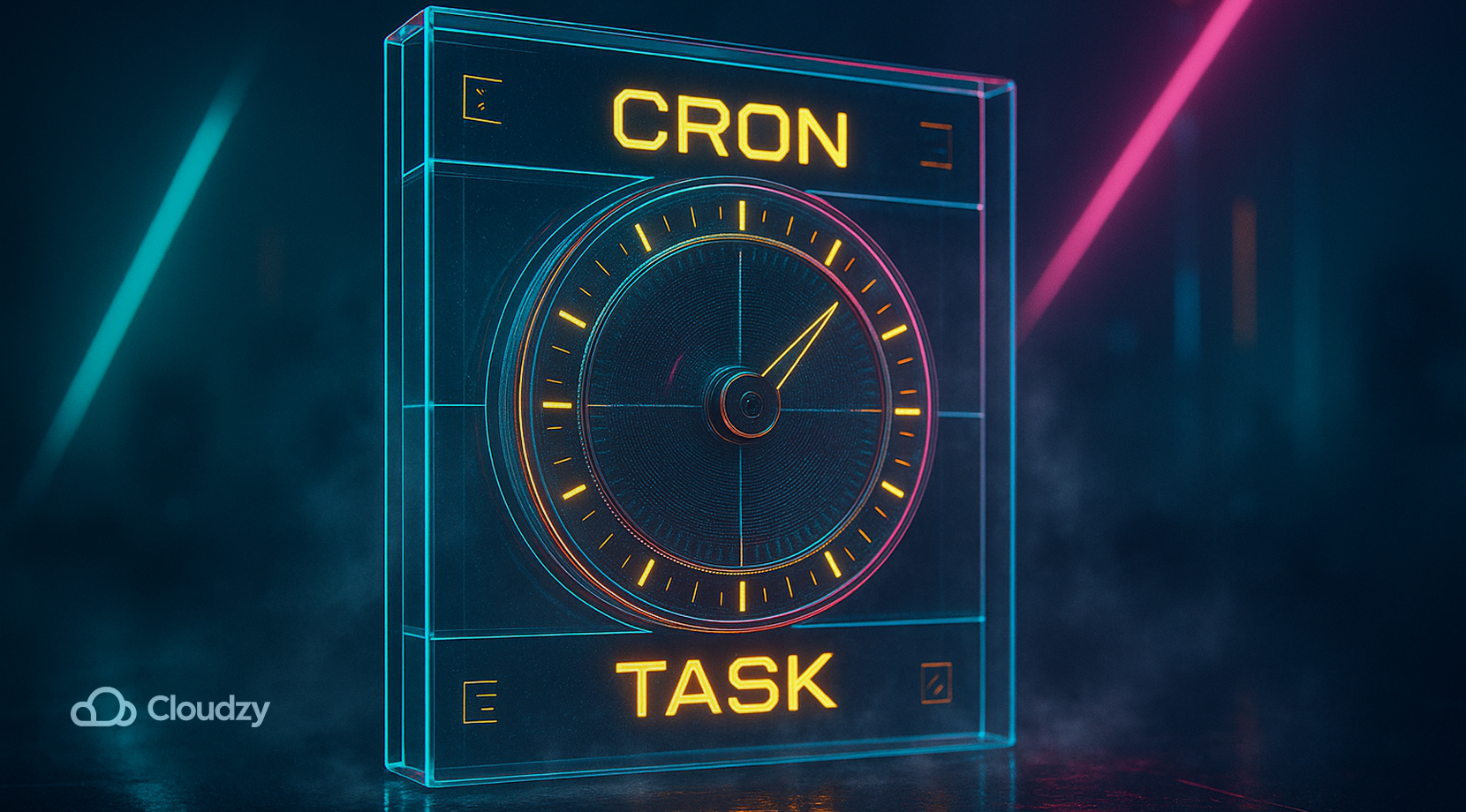 A kinetic scheduler dial rotates over a dual grid: upper ring engraved CRON, lower ring TASK; luminous ticks click past a small pointer blade. Mist swirls with each notch.