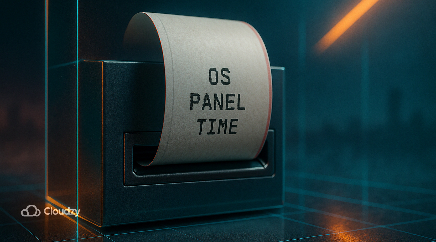 An ultrareal thermal receipt is half-ejected from a POS printer mouth, unmistakable: satin-white thermal paper with serrated auto-cutter teeth impressions, faint pinch-roller tracks, and a thin end-of-roll red margin stripe near one edge.