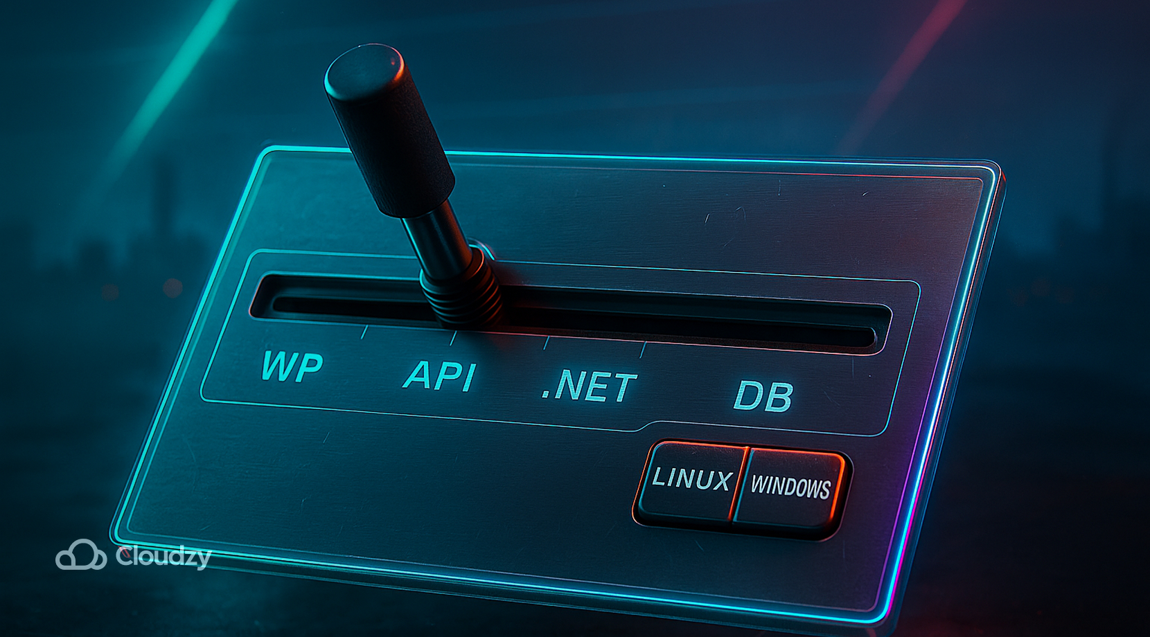 An ultrareal mode plate (1U aircraft-style) with a spring-loaded lever glides along a straight slotted track with four hard detents engraved WP, API, .NET, DB. A small two-position OS toggle on the same plate clicks between LINUX and WINDOWS.