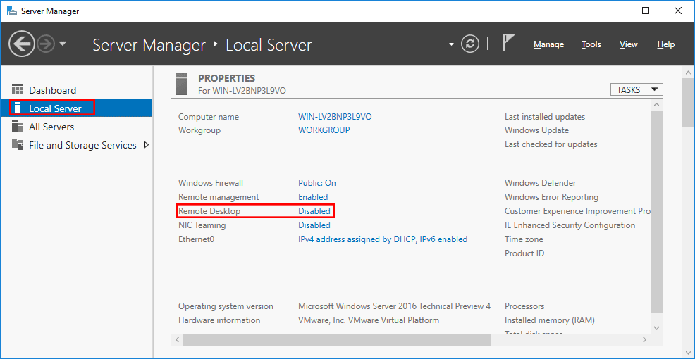 ALT: Local Server window in Server Manager window with Remote Desktop highlighted with red box.