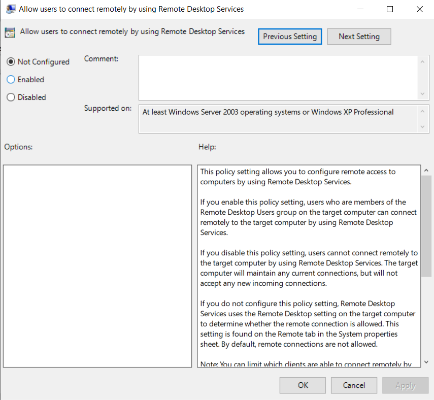 Allow users to connect remotely by using Remote Desktop Services window.