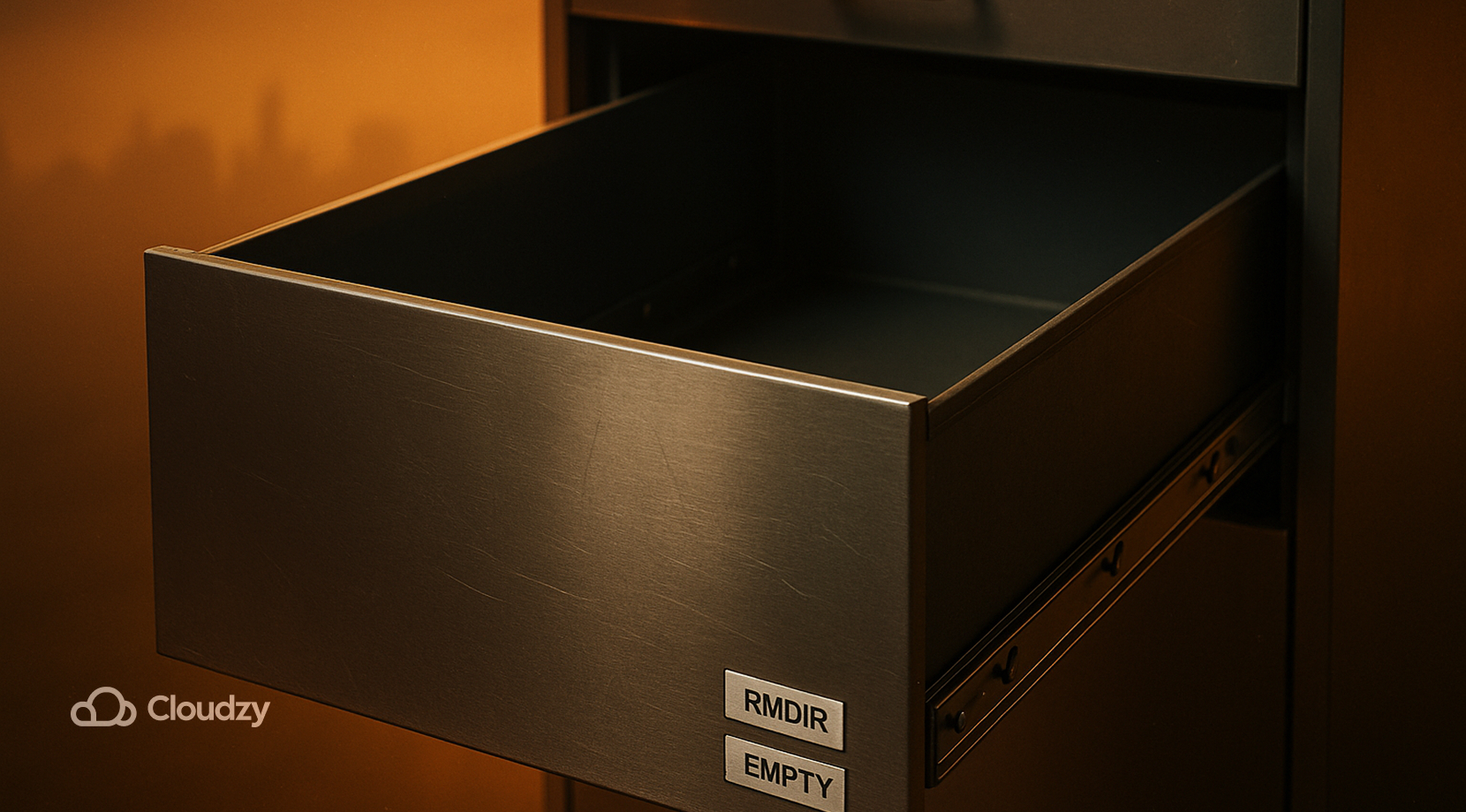 Ultrareal steel file-cabinet drawer pulled fully open, rails and felt pads visible, absolutely empty. Tiny embossed stickers on the front: RMDIR and EMPTY. A soft sodium-amber haze drifts behind a faint skyline silhouette; cyan signage glints along the brushed metal lip; micromotes and hairline scratches read true.