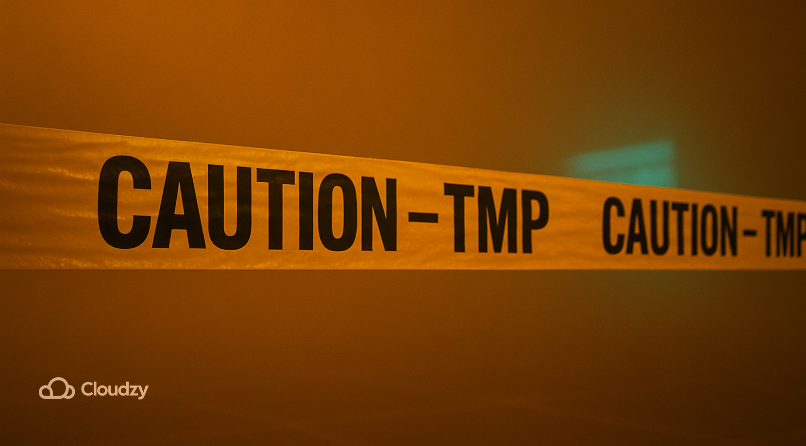 A stretch of caution tape pulled taut across frame, ultrareal vinyl texture with subtle wrinkles. Black print repeats -TMP at intervals after each CAUTION.