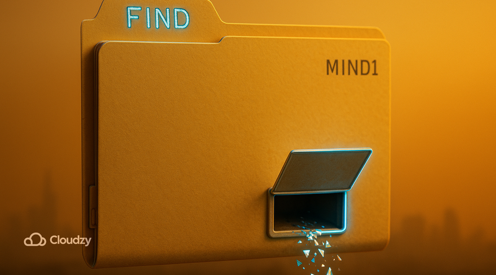 Ultrareal manila folder with a small bottom trapdoor built into the tab-side corner, hinged and slightly open so a faint stream of holographic “file shards” falls away. Etched on the tab: FIND and MIND1 (for -mindepth 1)