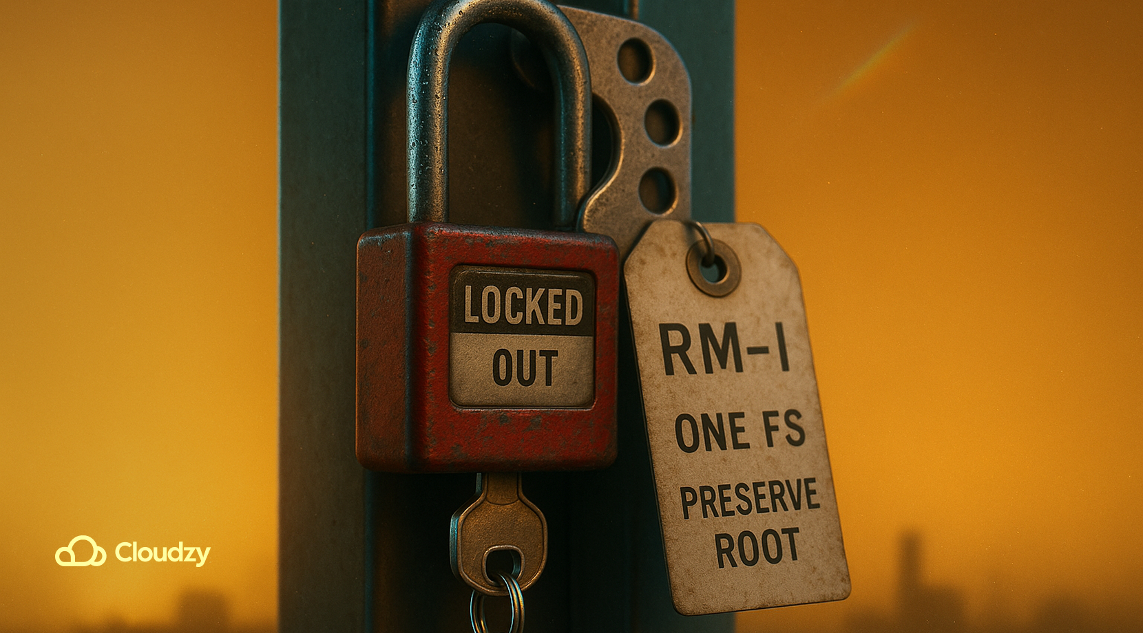 An ultrareal lockout/tagout padlock + hasp assembly as the lone hero, brushed steel and scuffed red enamel, bead of condensation on the shackle; a fiber safety tag hangs from the hasp with three bold engravings: RM -I, ONE FS, PRESERVE ROOT.