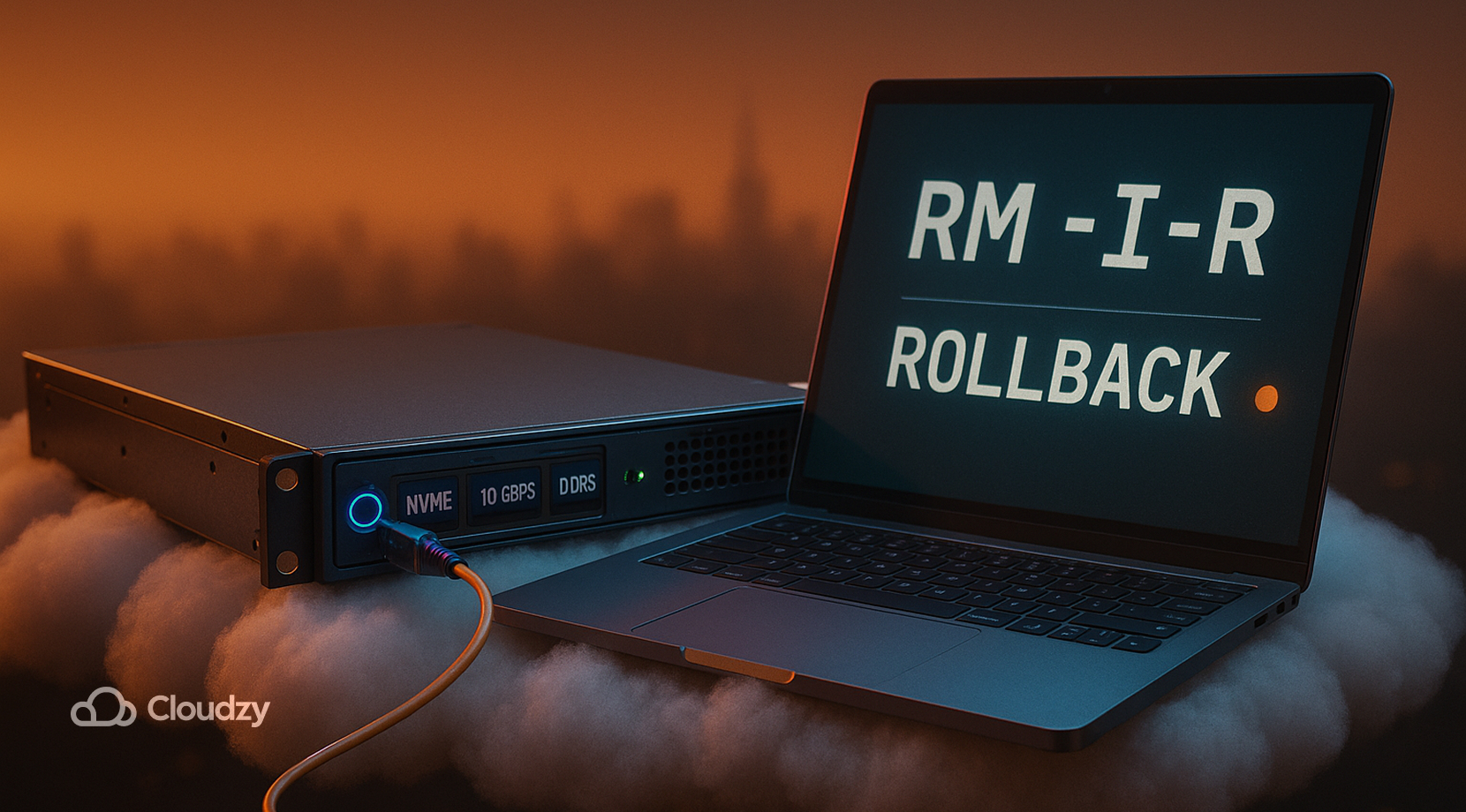 Ultrareal 1U rack server sits firmly on a cloud (cloud = VPS). A short SFP+ fiber patch links the server to an open laptop at 3/4 angle. On the laptop’s glassy terminal, two big stacked engravings: RM -I -R and ROLLBACK (toggle dot lit). On the rack face, small badges: NVME, 10 GBPS, DDR5.
