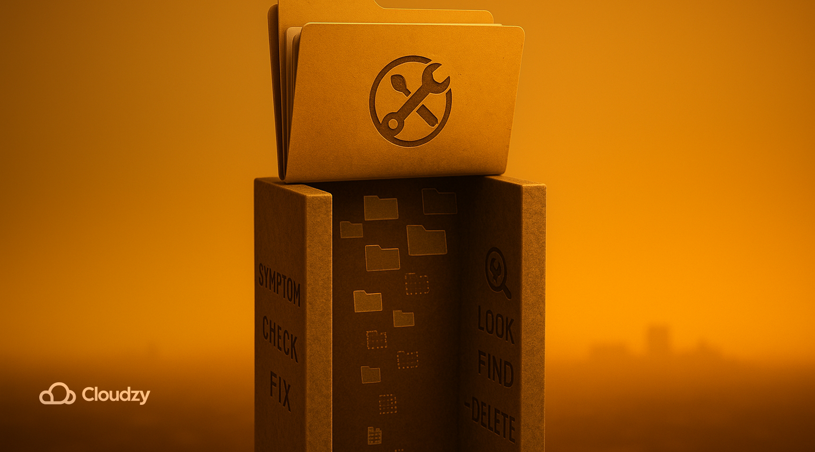 A single ultrareal folder perched over a narrow chute (this chute symbolizes troubleshooting, so engrave it with a troubleshooting icon); inside it, smaller sub-folders and faint .dotfiles icons fade as they drop. Lip engravings top-to-bottom on the chute: SYMPTOM, CHECK, FIX; opposite side: NOT EMPTY, LOOK, FIND -DELETE. 