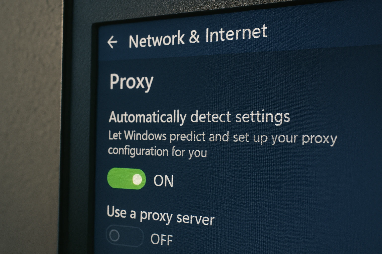 How to Fix "Windows Could Not Automatically Detect This Network's Proxy Settings" Error 6 A computer screen showing Windows network settings with "Automatically detect settings" enabled and "Use a proxy server" disabled.