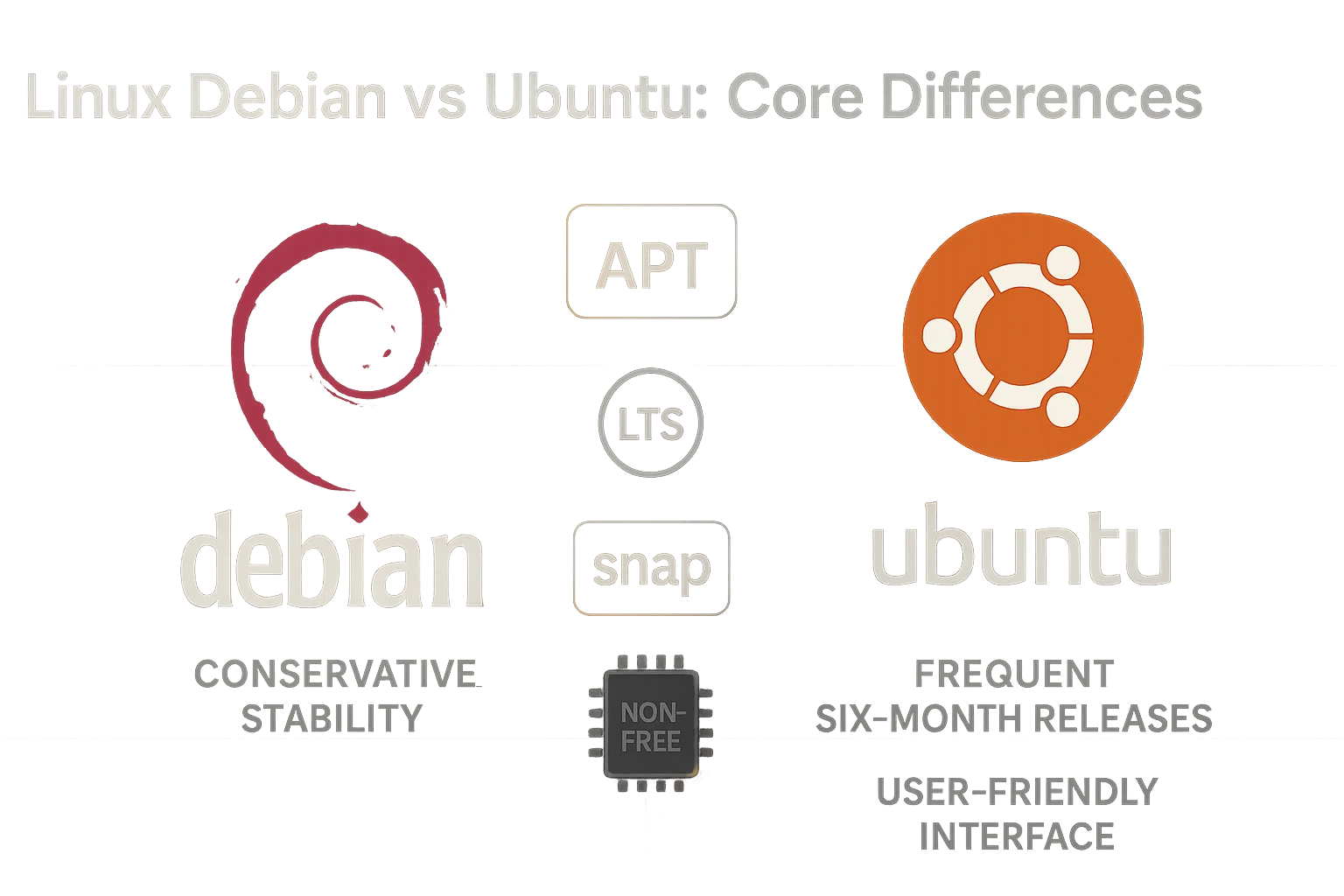 Split-screen Debian vs Ubuntu infographic