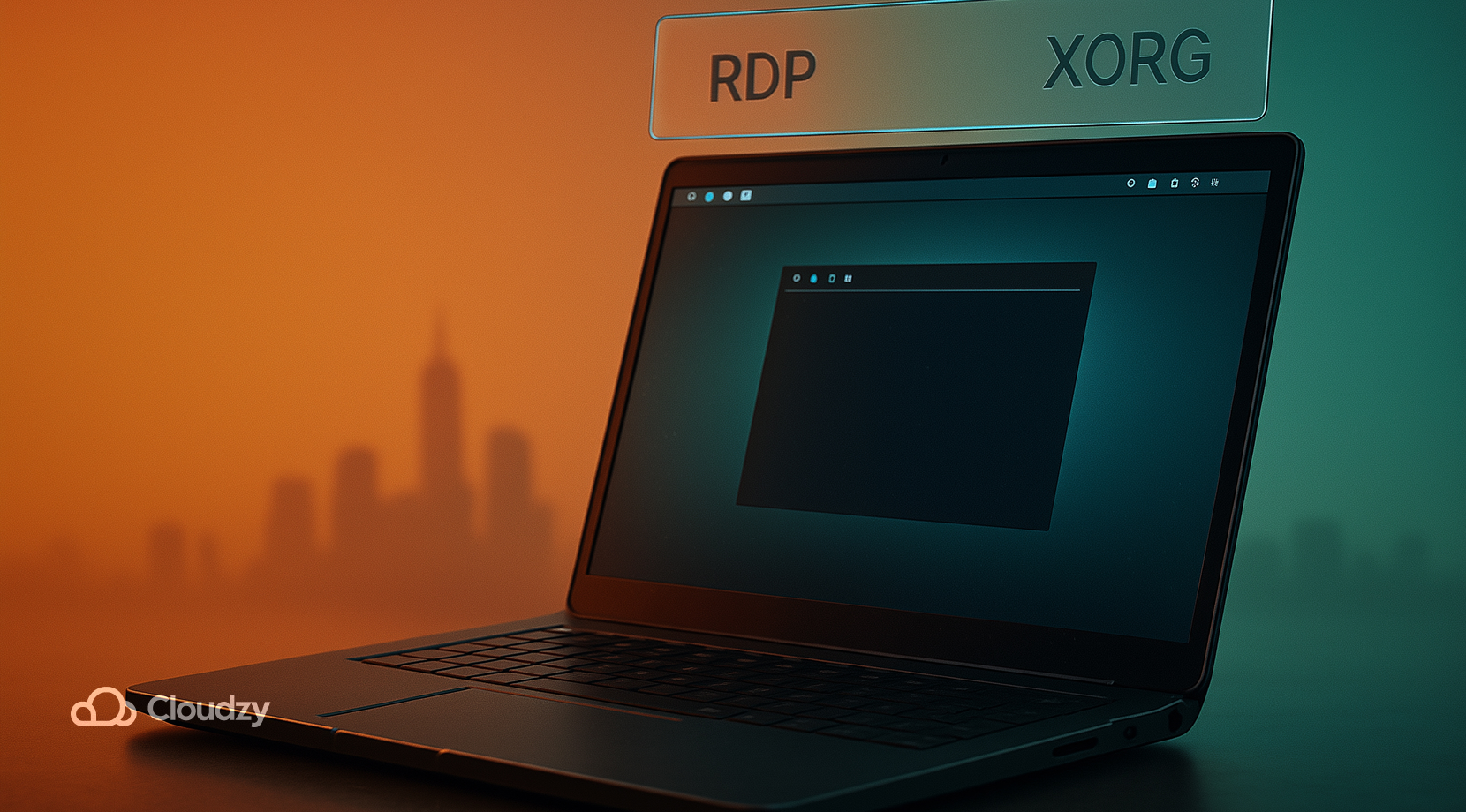 An ultrareal 14″ laptop (micro-scratches, soft fingerprints) angled left; on a floating glass pane above it, a tiny desktop silhouette with an XFCE bar and engraved tags RDP and XORG.